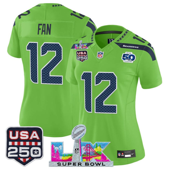 Women's Seattle Seahawks #12 Fan Green 2025 F.U.S.E. Super Bowl LX Patch And 50th Season & USA 250' Patch Vapor Limited Football Stitched Jersey(Run Small)